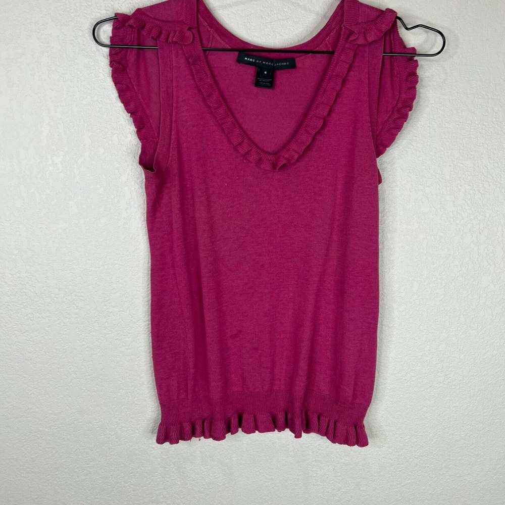 Marc by Marc Jacobs Blouse Top Size Small Fuschia Silk Blend Ruffle Sleeve Knit‎